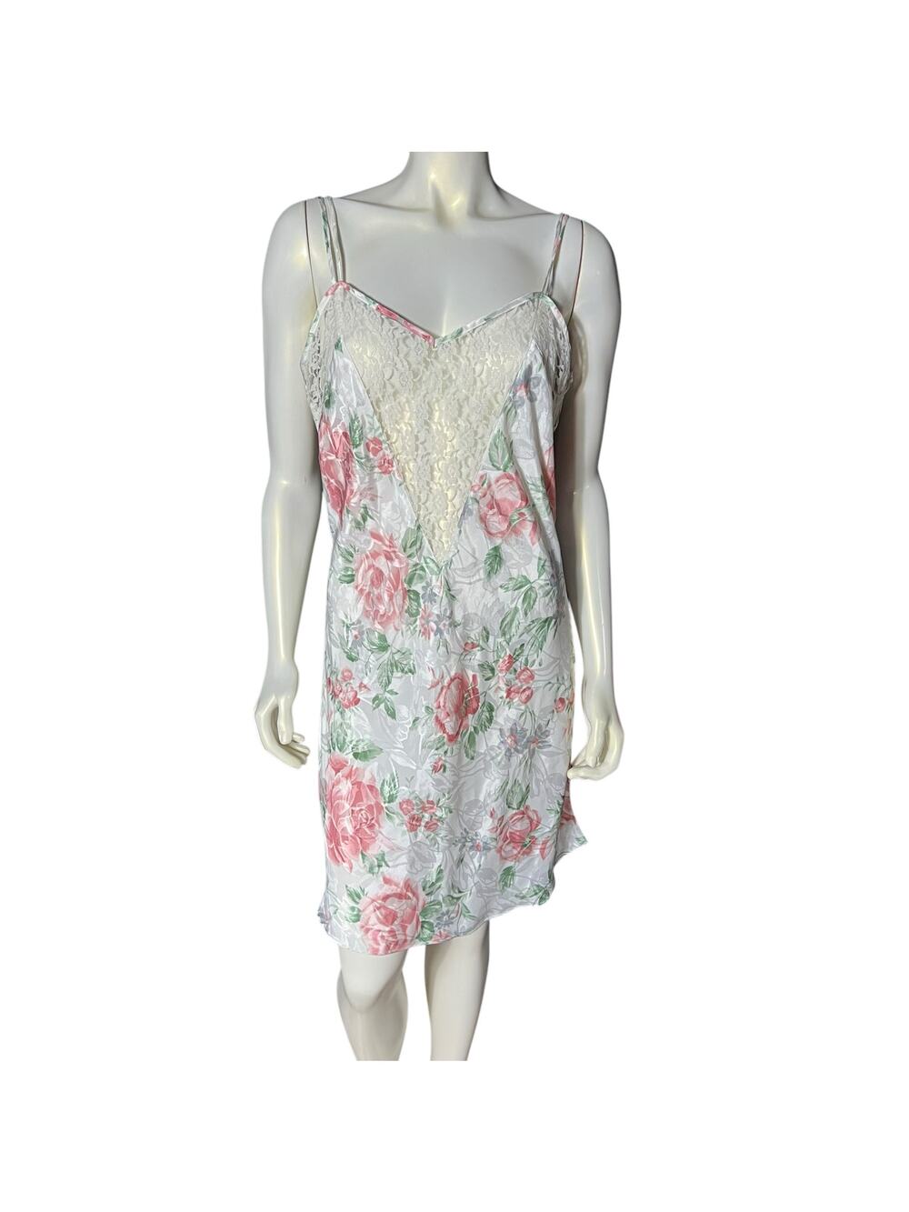 Sedu Large Floral Sleepwear Slip Nightgown White Pink Roses Lace V-Neck